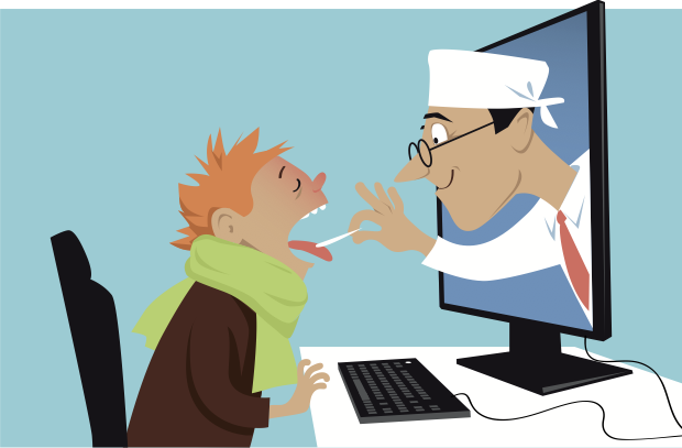 Cartoon doctor reaching through a computer monitor to take patient's temperature.